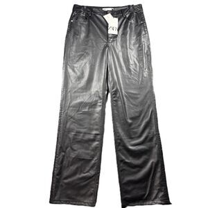 Zara Women NWT Pleather Pants Vegan Leather 90s Wide Leg Baggy Black 12 M133
